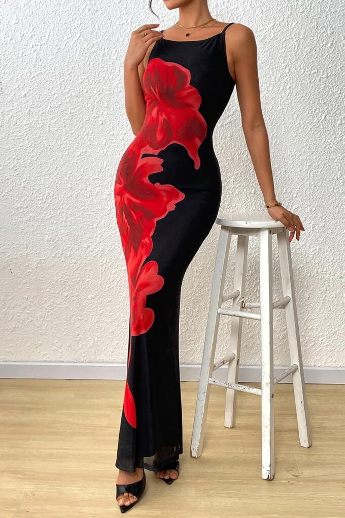 PRETTYGARDEN Womens Summer Dresses 2025 Elegant Spaghetti Straps Evening Gown Floral Print Bodycon Maxi Mesh Sundress – Bild 4