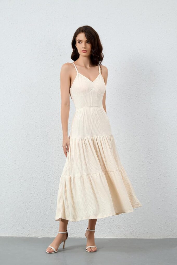 Women's Spaghetti Strap V Neck Dress Tiered Pleated Casual Beach Sundress – Bild 3
