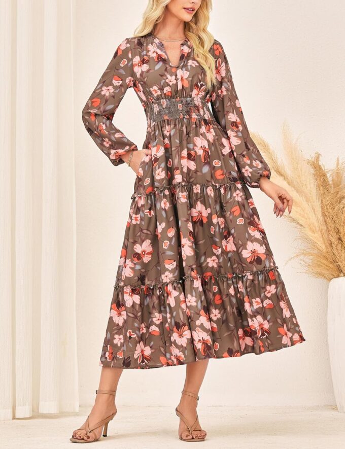 GRACE KARIN Women's Floral Maxi Dress Long Sleeve V Neck Casual A Line Spring Fall Winter Flowy Tiered Dresses with Pockets – Bild 6