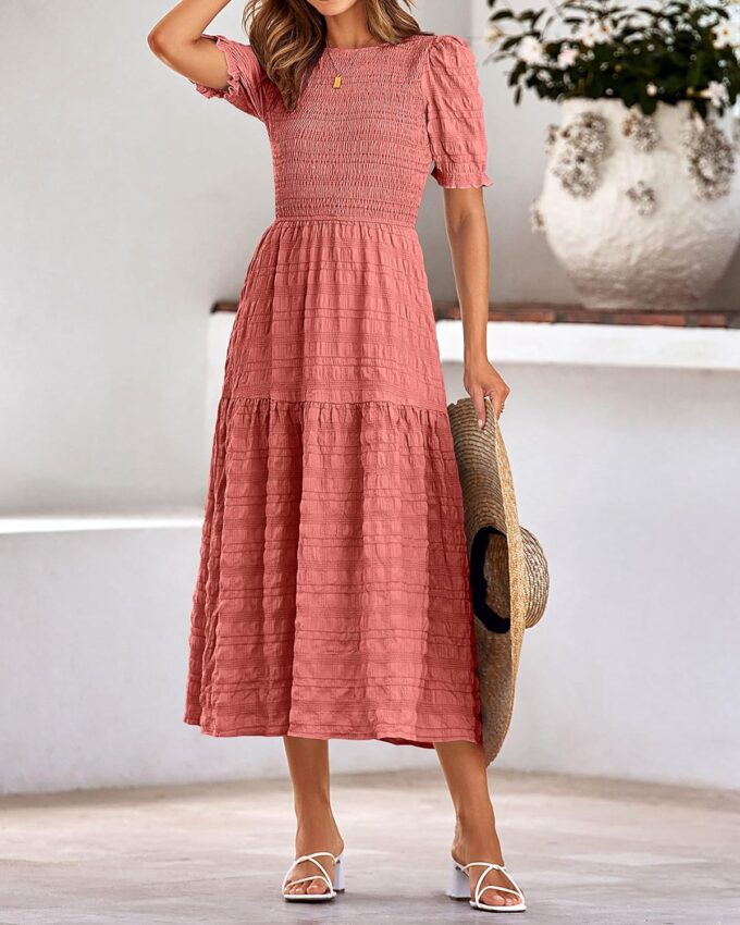 dowerme Womens Summer Dresses 2025 Casual Puff Short Sleeve Crewneck Smocked Flowy Ruffle Boho Beach Party Maxi Sundress – Bild 7