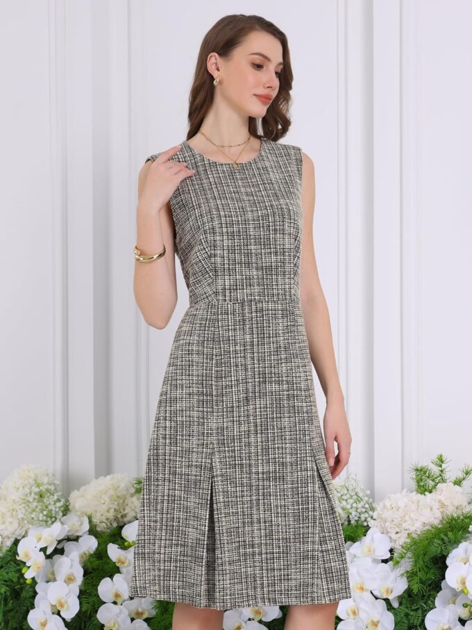 Hobemty Damen Tweed-Kleid, knielang, ärmellos, 2024, Arbeitskleid, A-Linie – Bild 3