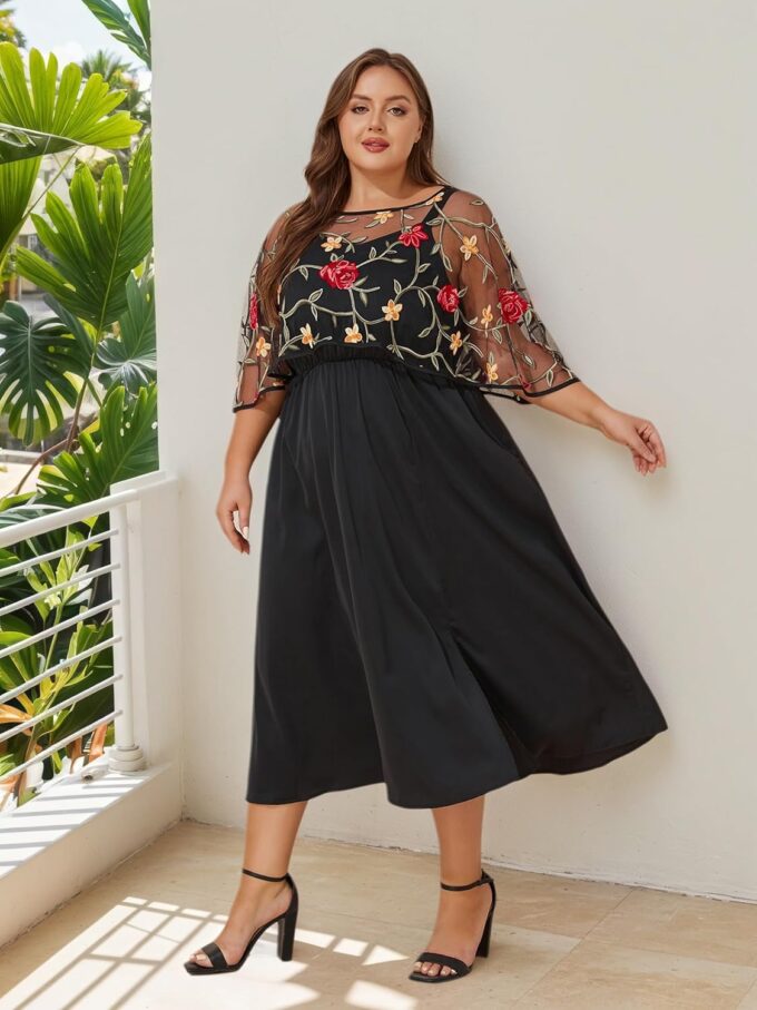 ZNU Women Plus Size Formal Party Wedding Guest Cocktail Dress 2025 - Floral Embroidered Shawl Evening Dress with Pockets – Bild 5