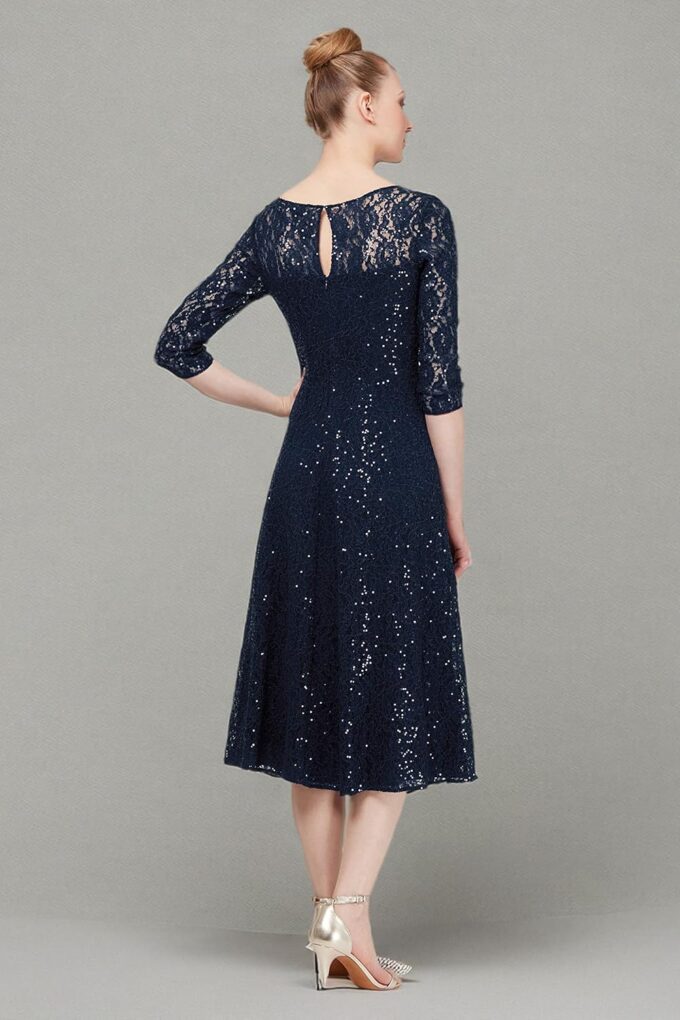 S.L. Fashions Women's Tea Length Three Quarter Sleeve Sequin Lace Dress – Bild 4