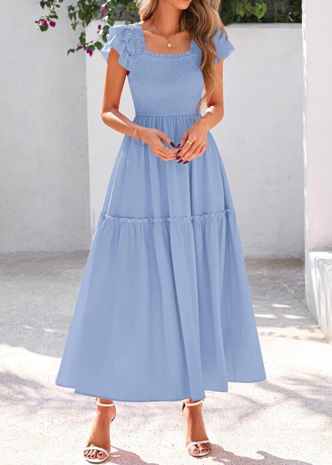 KIRUNDO Smocked Summer Dresses for Women 2025 Wedding Guest Midi Flowy Ruffle Short Sleeve Square Neck Tiered Sundress – Bild 6