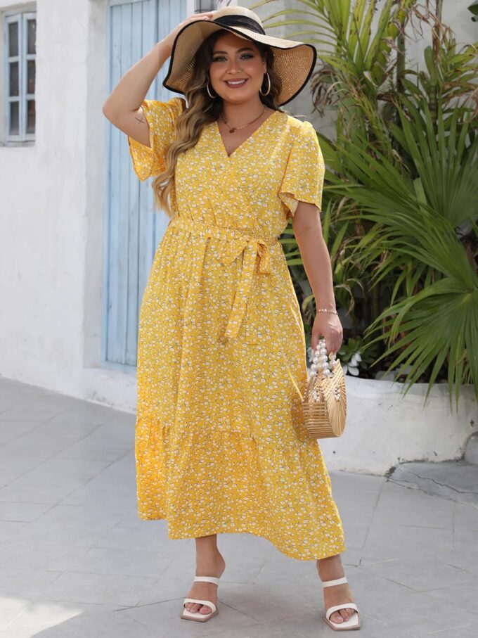 Womens Plus Size Summer Dresses Short Sleeve Wrap V Neck Floral Formal Maxi Wedding Guest Long Dress with Belt XL-5XL – Bild 3