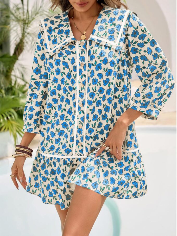Wenrine Womens Casual Shirt Dresses 3/4 Long Sleeve Floral Button Down Flowy Babydoll Fall Mini Dress – Bild 2