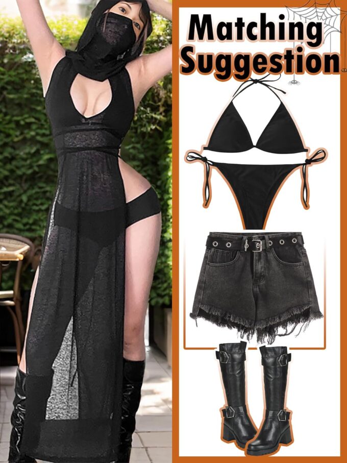 Mingnos Women Goth Dress Cutout High Slit Sheer Punk Festival Christmas Rave Outfits – Bild 6