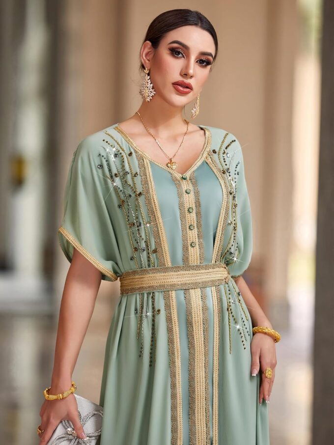 Fancy Maxi Abaya Dress Elegant Mint Green Muslim Dress with Gold Beaded Embellishments, V-Neck, Short Butterfly Sleeves – Bild 2