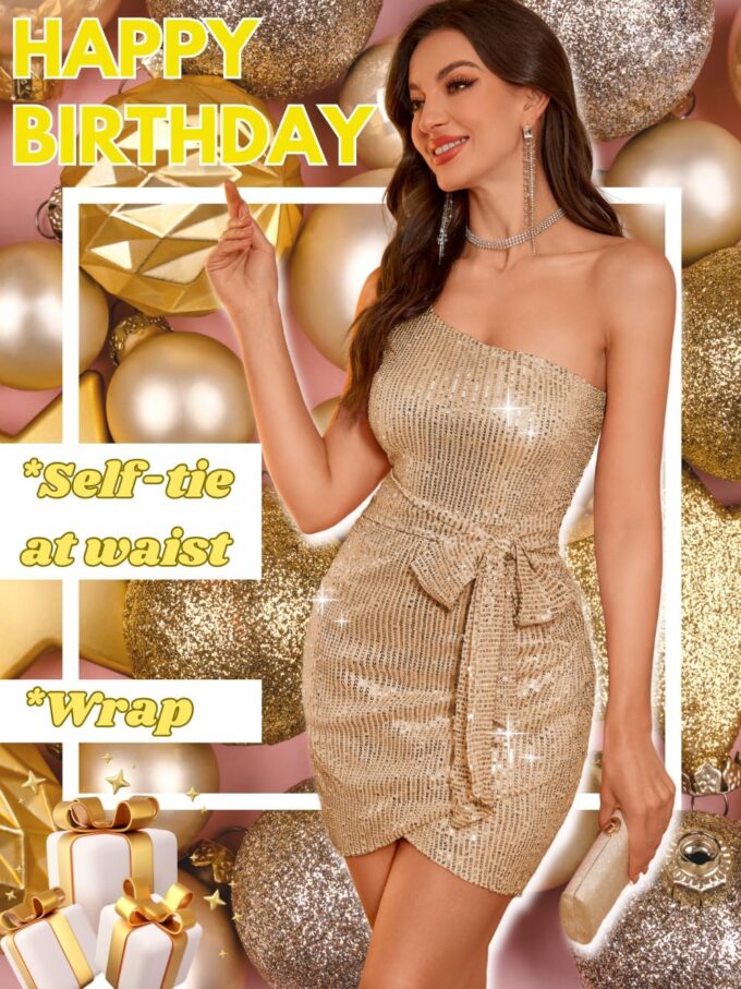 Kaei&Shi Sequin Cocktail Dress,One Shoulder Tie Front Sparkly Mini Dresses Women,Sexy Holiday Party Outfit Homecoming Nye – Bild 4