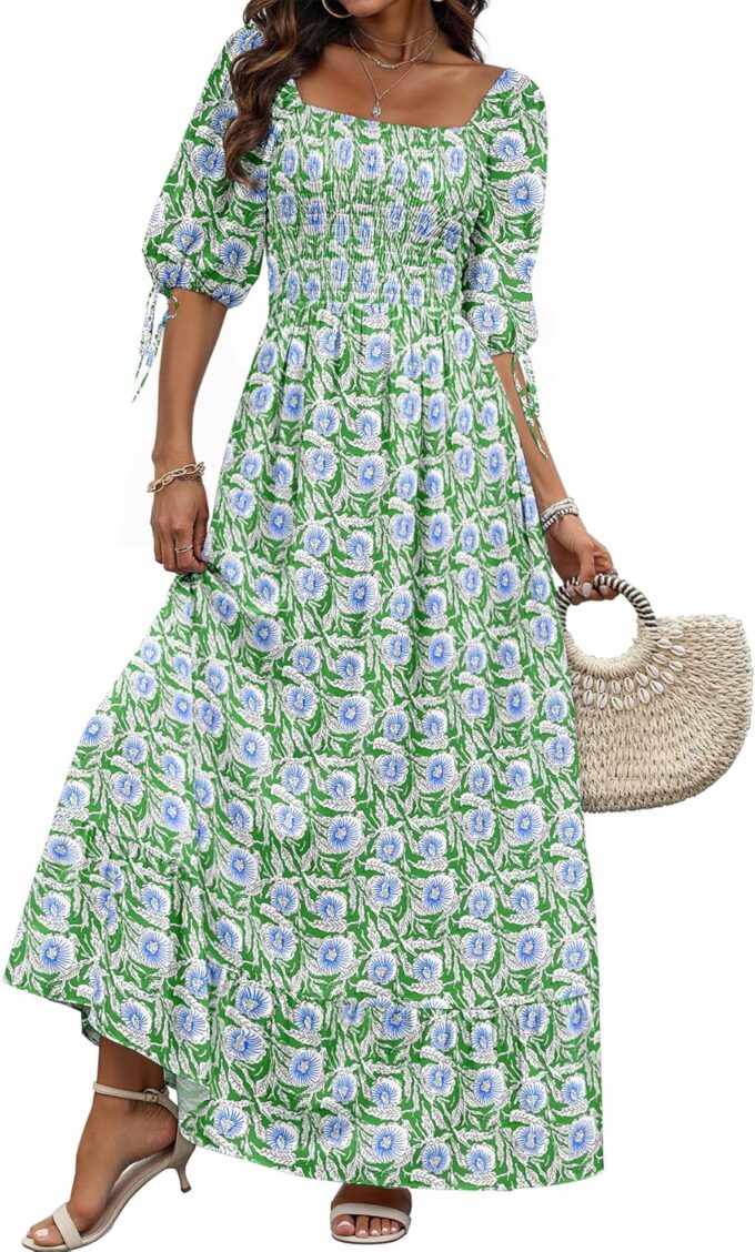 Women Boho Maxi Dresses Summer 2025 Puff Sleeve Square Neck Smocked Aline Casual Ruffle Tiered Flowy Beach Long Dress Pocket
