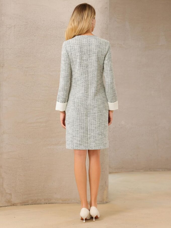 Hobemty Damen Tweed-Kleid, formelle Arbeit, langärmelig, Etuikleider – Bild 5