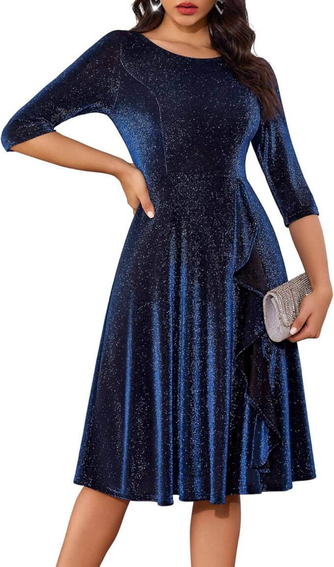 BeryLove Women Glitter Formal Party Dress 3/4 Sleeve Sparkly Cocktail Midi Prom Dress