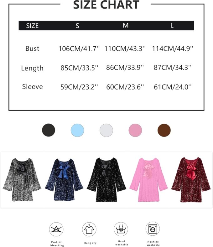 Womens Long Sleeve Sparkly Sequin Mini Dress Backless Bow Tie Short Dress Loose Fit Party Cocktail Glitter Dresses – Bild 4
