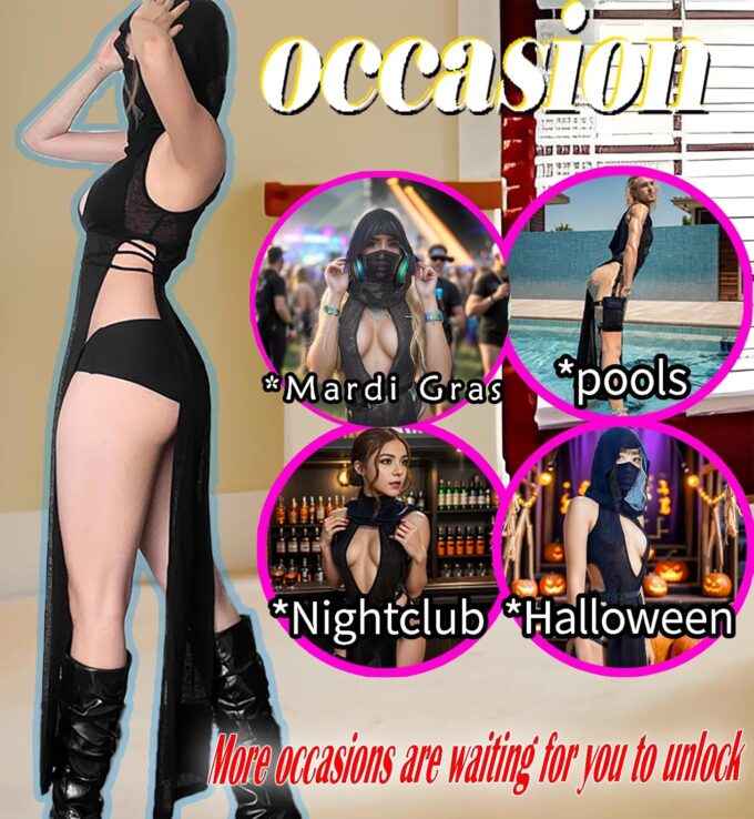 Women Goth Sheer Dress, Mock Neck Sleeveless Rave High Slit Dress with Hooded, EDM Music Festival Outfits – Bild 5