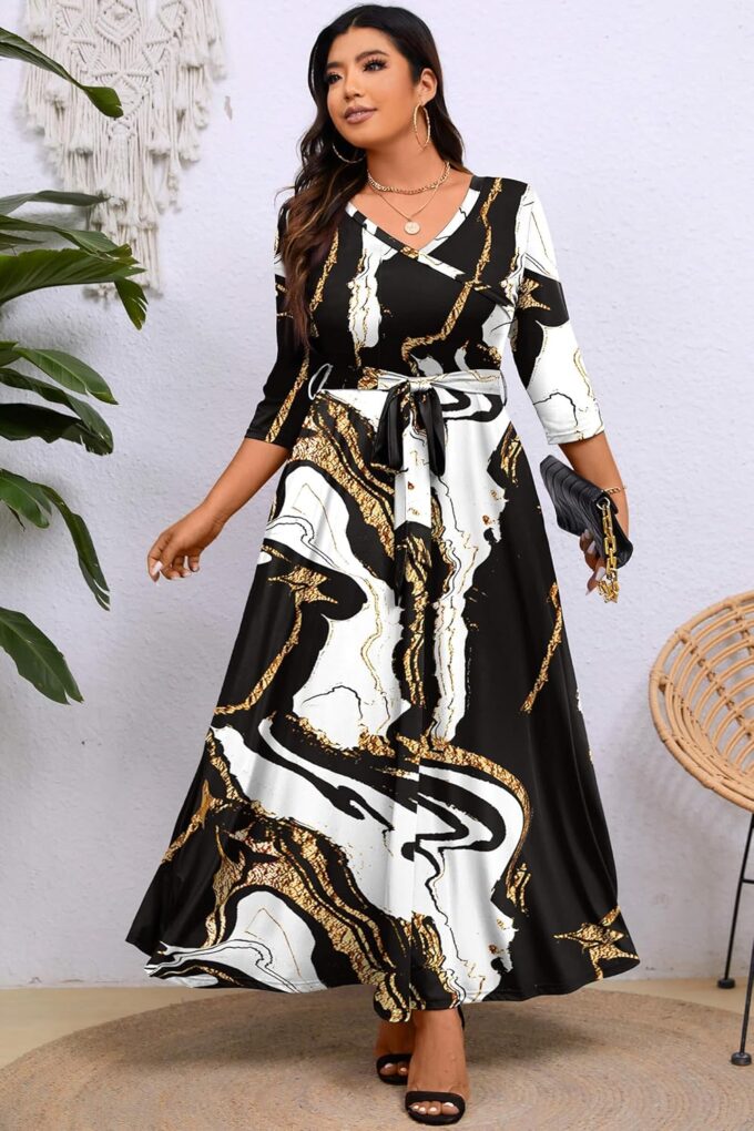 Runwind Plus Size Dress for Women - 3/4 Sleeve V Neck Printing Maxi Dresses for Women （XL-6XL） – Bild 3