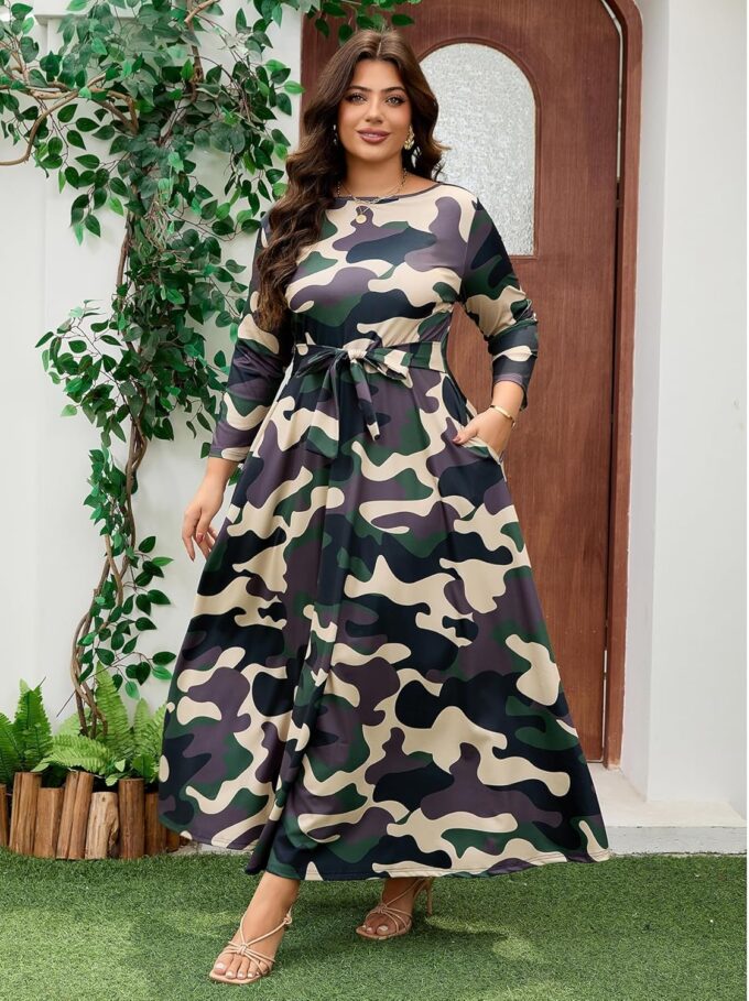 Plus Size Dress for Curvy Women Stretch Self Tie A-Line Maxi Dress with Pockets Swing Long Outfit – Bild 7