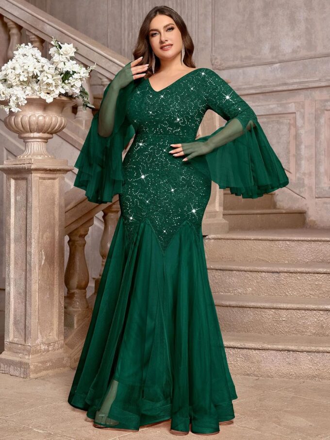 MISSMAY Women's Plus Size Sequins Lace V Neck Sheer Long Sleeves Tulle Mermaid Hem Formal Evening Party Dresses – Bild 4