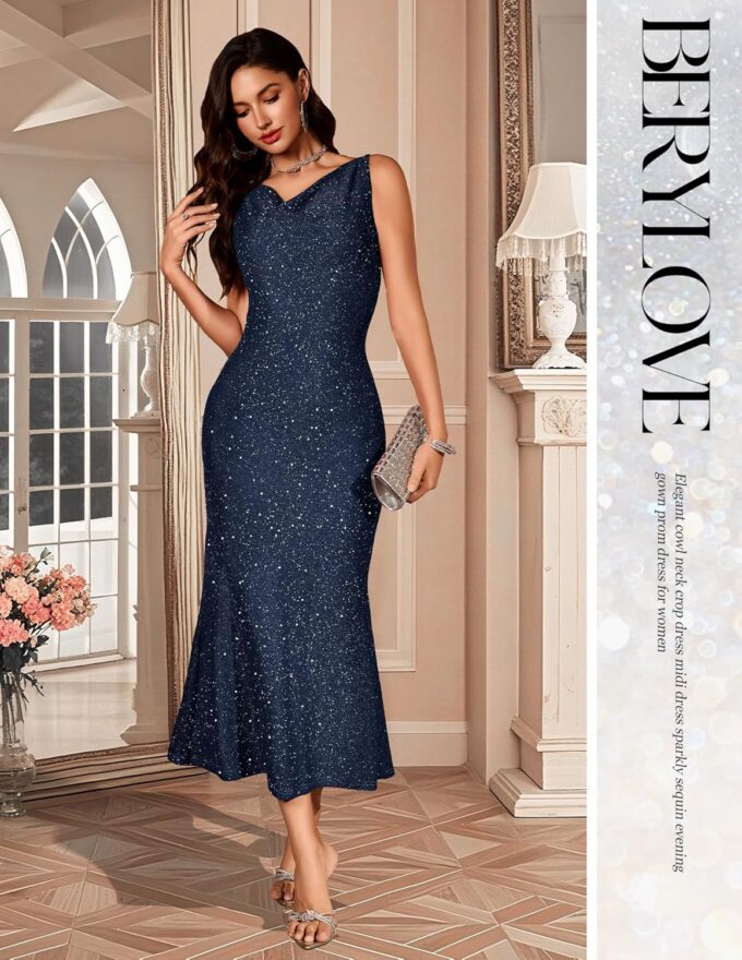 BeryLove Formal Sequin Wedding Guest Prom Cocktail Cowl Neck Bodycon Dresses – Bild 6