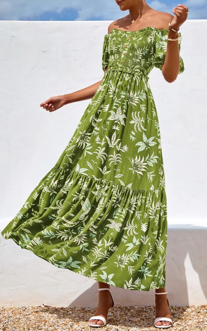 PRETTYGARDEN Womens Summer Dresses 2025 Casual Boho Floral Puff Short Sleeve Flowy Maxi Dress Smocked V Neck Sun Dresses – Bild 4