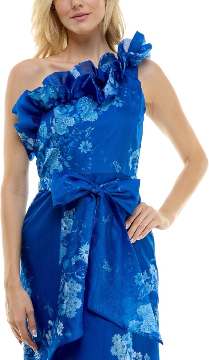 Taylor Women's Sleeveless One Shoulder Ruffle Floral Dress with Front Sash Tie – Bild 5