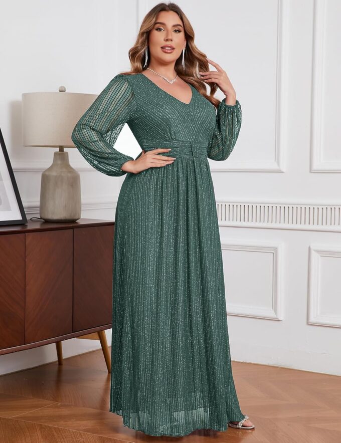 ZOMVA Plus Size Maxi Formal Dress Sparkly V-Neck A-line Ruffle Sleeves Evening Gown Cocktail Prom Glitter – Bild 6