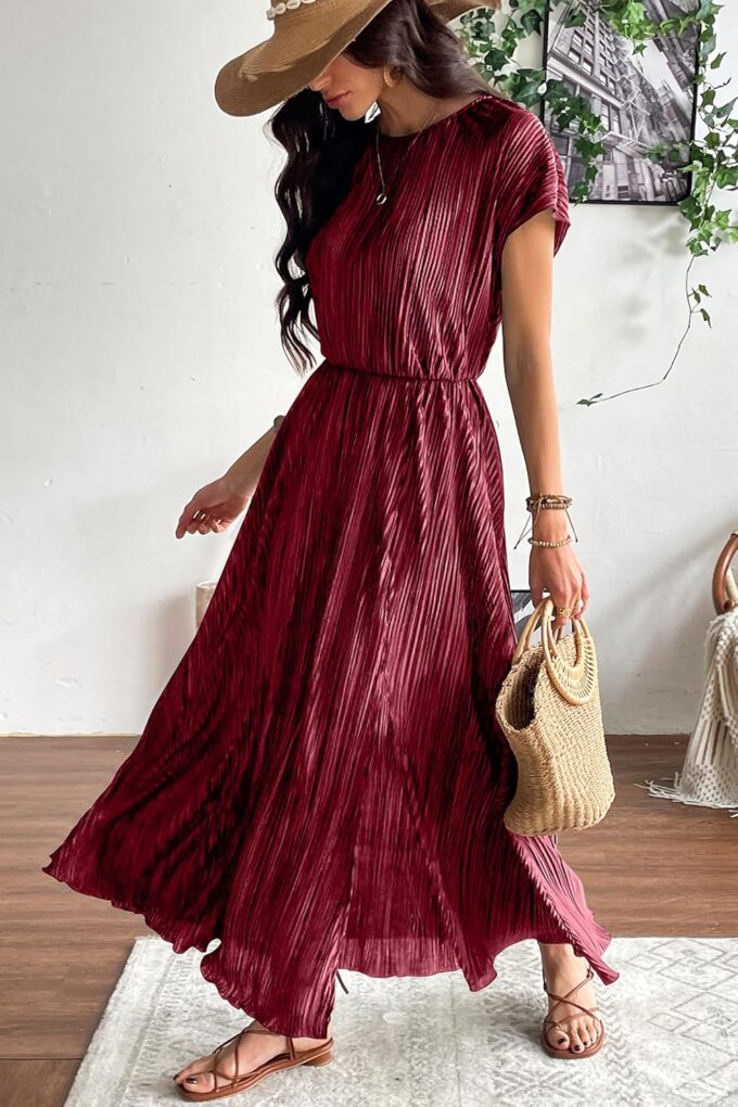 CCTOO Womens Summer Maxi Dresses: Casual Short Sleeve Crewneck Slit Sundress Ruffle Pleated Long Flowy Party Cocktail Dress – Bild 4