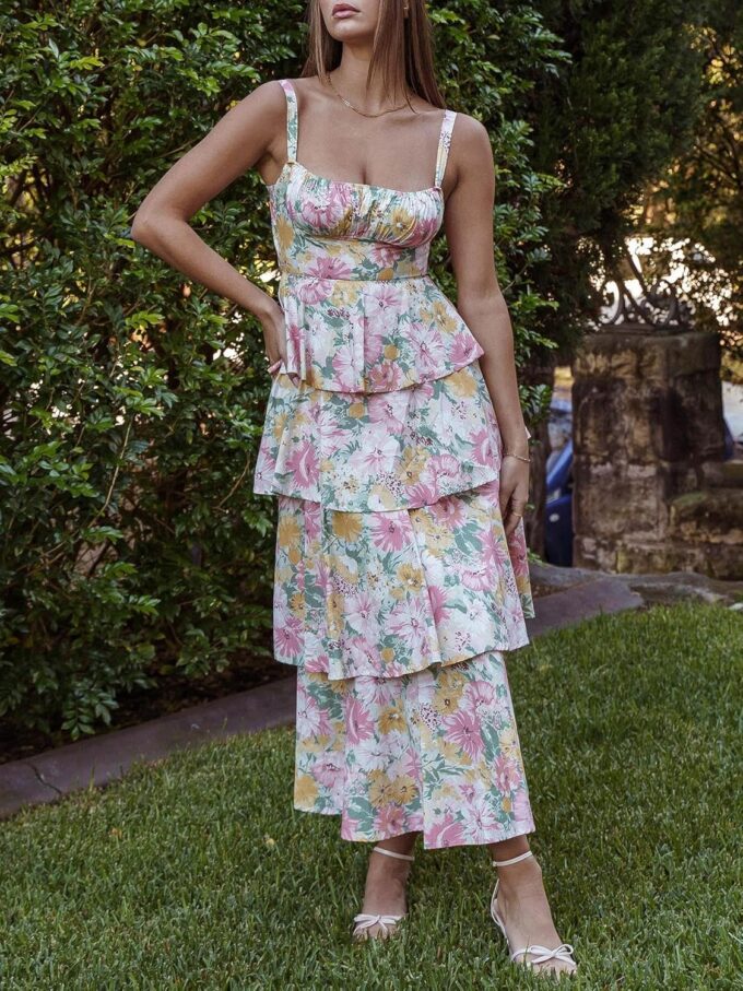 Women Y2k Boho Maxi Dress Y2k Floral Spaghetti Strap Long Dress Flowy Layered Sundress Going Out Beachwear – Bild 3