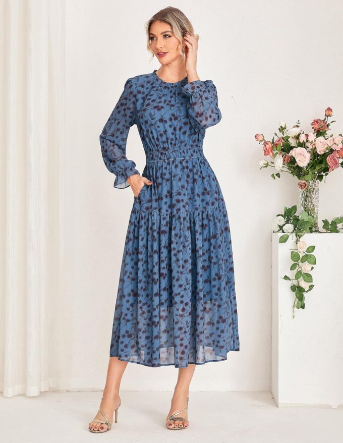 GRACE KARIN Women's Long Sleeve Maxi Dress Fall 2025 Chiffon Flowy Wedding Guest Dresses Floral Tiered Dress with Pockets – Bild 2