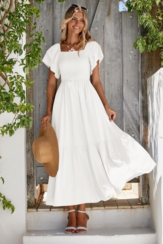 MASCOMODA Womens Summer Casual Midi Dress Square Neck Ruffle Short Sleeve Smocked High Waist A Line Wedding Guest Dresses – Bild 2