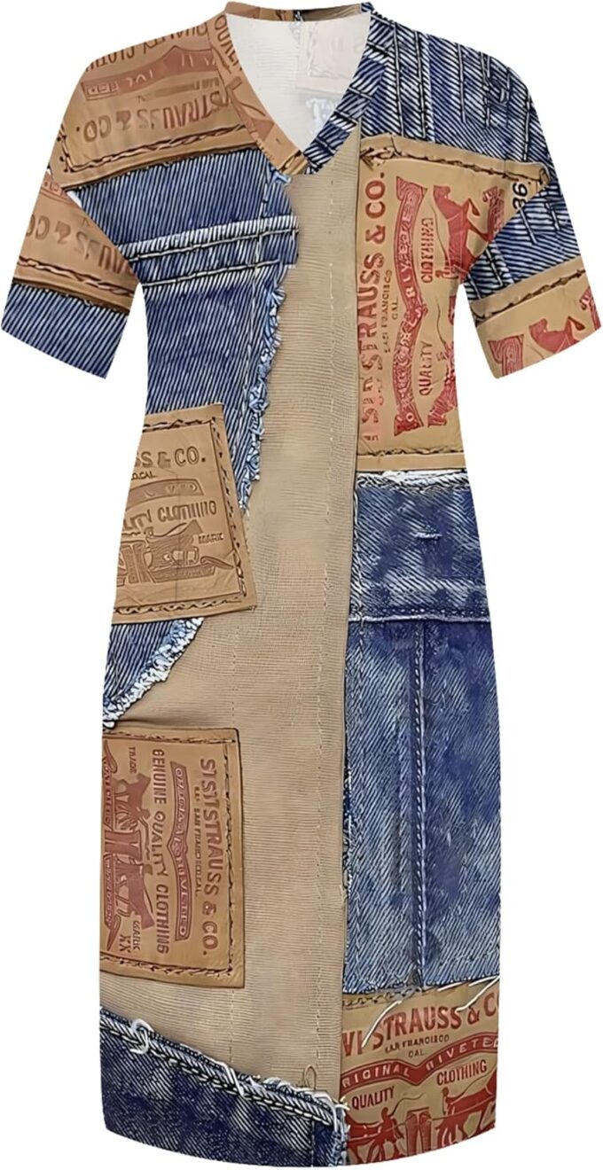 Womens Plus Size Denim-Print Fashion Maxi Dresses Casual Soft Tshirt Dress – Bild 3