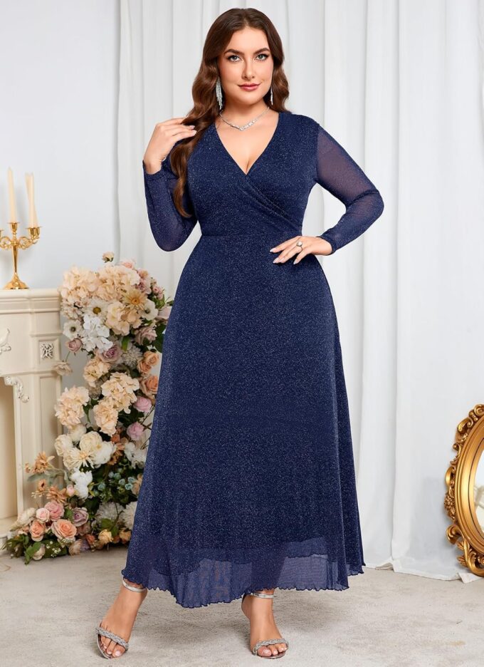 ZOMVA Plus Size Sparkly Maxi Dress V-Neck Wrap Long Sleeve A-Line Glitter Mesh Gown Wedding Guest Cocktail Evening Party – Bild 6
