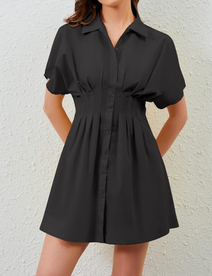Summer Button Down Shirt Dress for Women Short Sleeve Pleated Mini Dresses Casual A Line Flowy Corset Short Dress – Bild 4