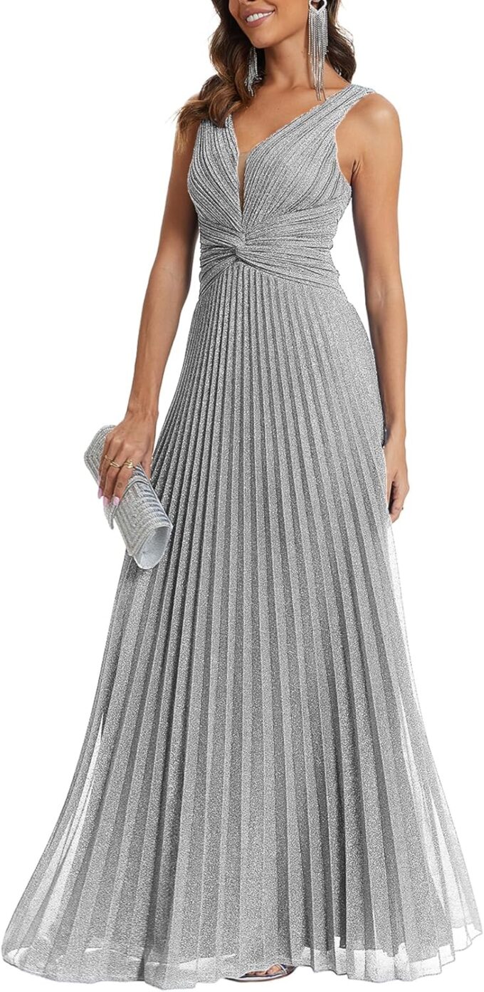 Women's V Neck High Waist Pleated Evening Dress Sleeveless A-Line Gown with Waist Tie – Bild 3