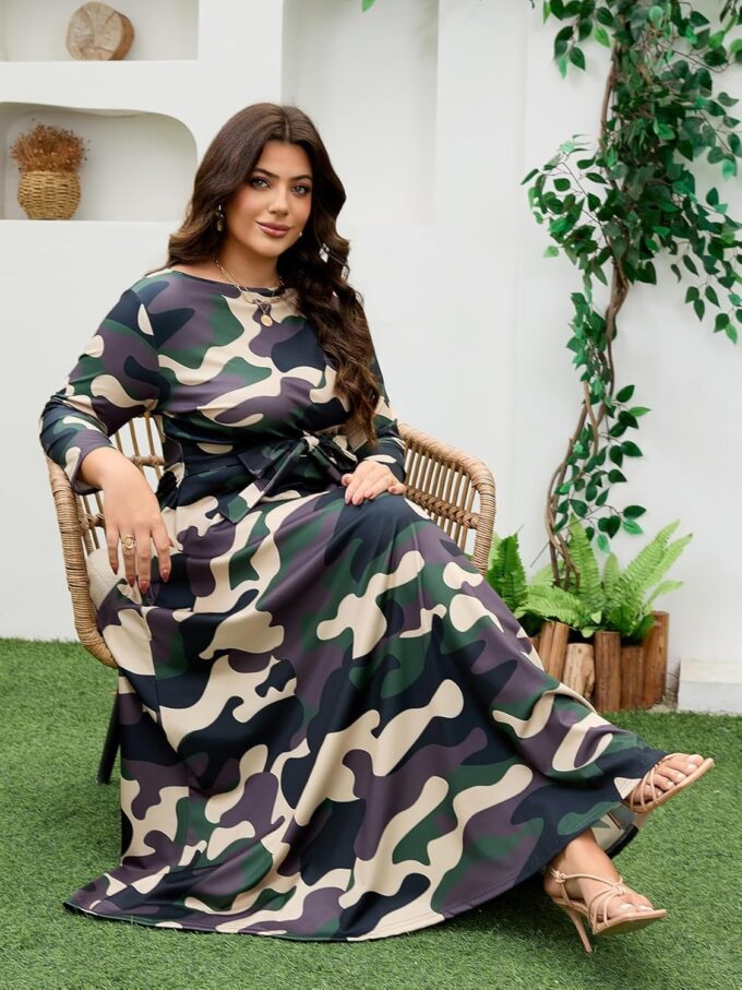 Plus Size Dress for Curvy Women Stretch Self Tie A-Line Maxi Dress with Pockets Swing Long Outfit – Bild 6