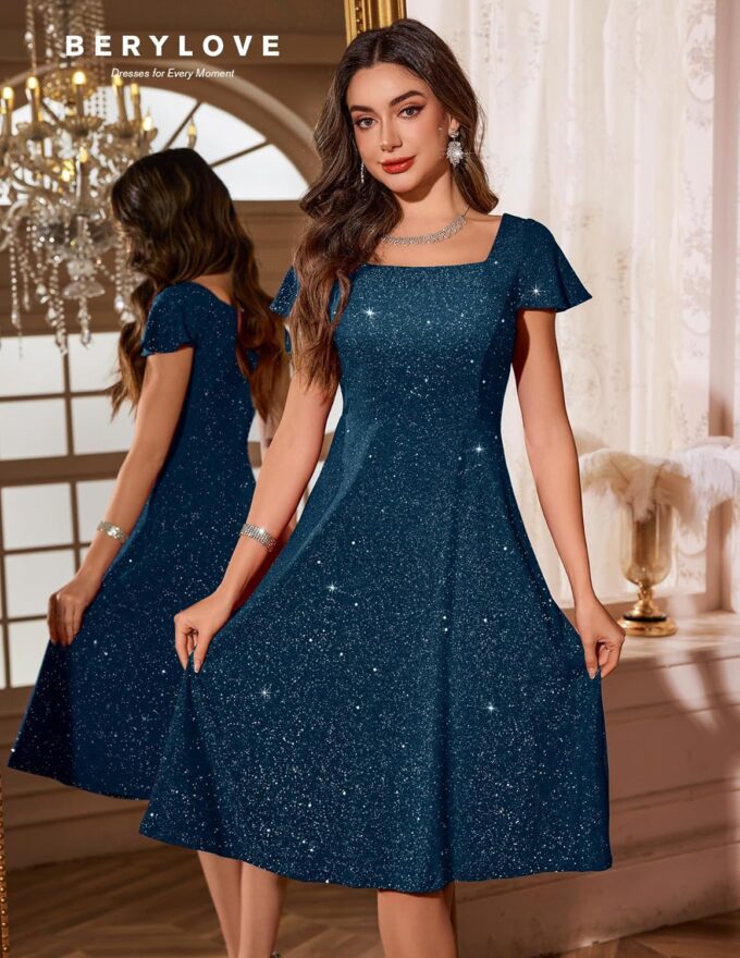 BeryLove Prom Dress for Teens: Sequin Formal Party Dress with Flutter Short Sleeves for Wedding & Cocktail Evening Events – Bild 4