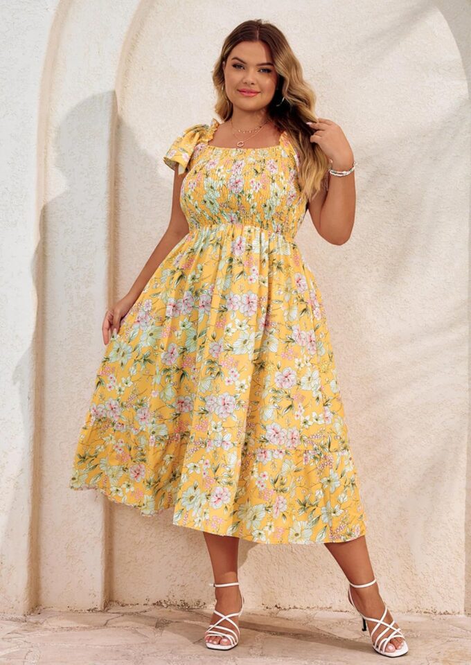 Hanna Nikole Women's Plus Size Summer Maxi Dress Short Sleeve Smocked Square Neck Casual Floral Flowy Dresses with Pockets – Bild 7