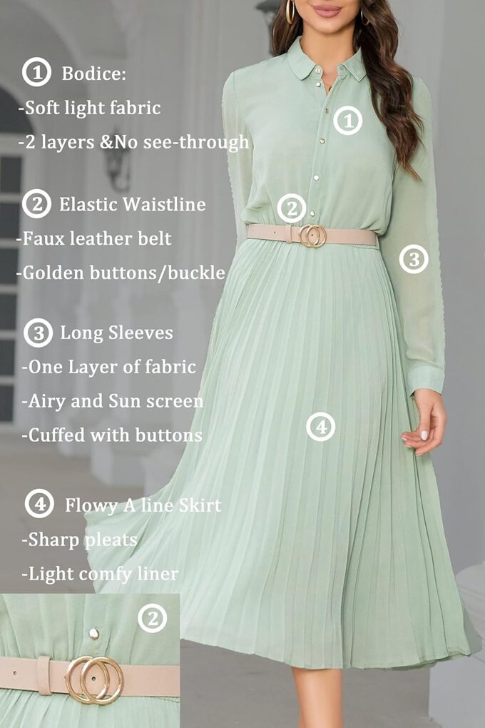 Business Casual Shirt Dress for Women Long Sleeves Pleated Midi Dresses with Belt – Bild 5