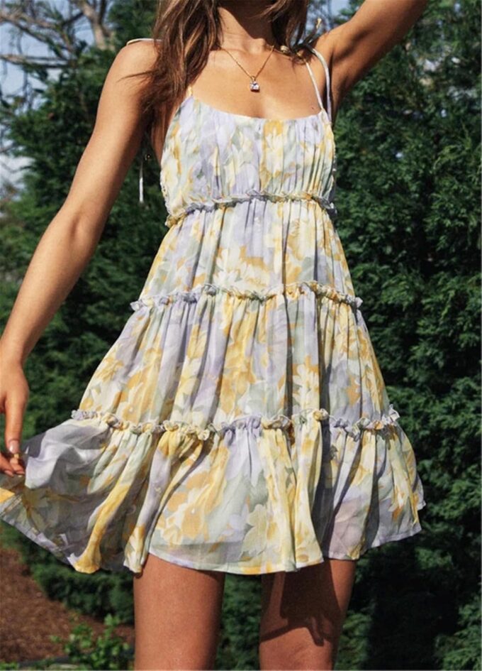 AELSON Sundresses for Women 2025 Floral Summer Dress Boho Flowy Cute Dresses Spaghetti Strap Sleeveless Ruffle Mini Dress – Bild 2
