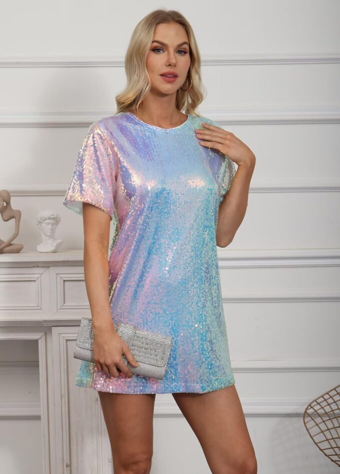 Ophestin Women's Sparkly Sequin T Shirt Dress Short Sleeve Crewneck Tie Backless Glitter Party Club Dresses – Bild 5