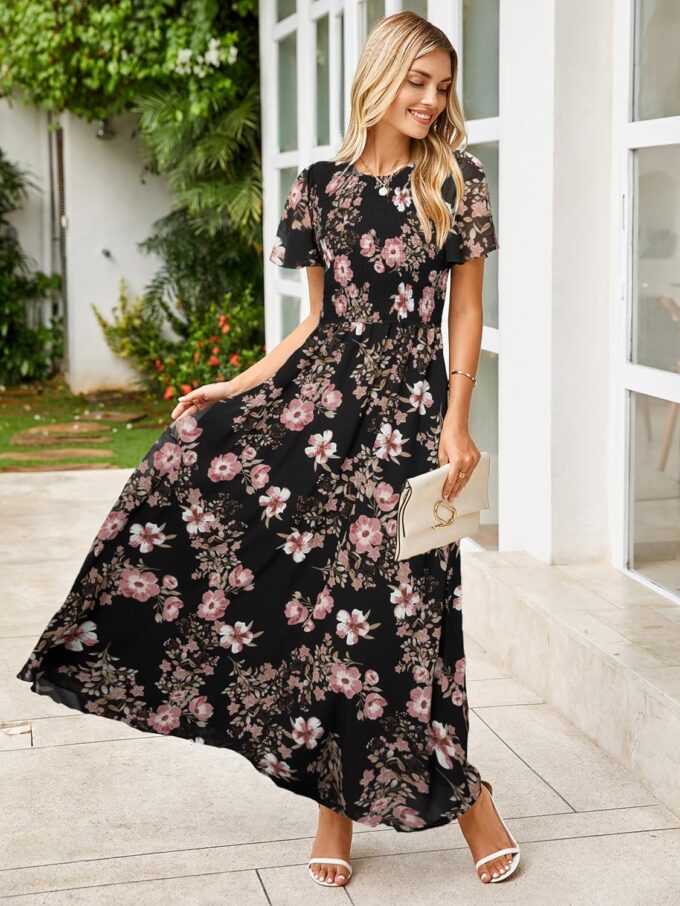 Simplee Womens Summer Floral Casual Maxi Dresses Flutter Short Sleeve Crew Neck Smocked Chiffon Boho Flowy Dress – Bild 2