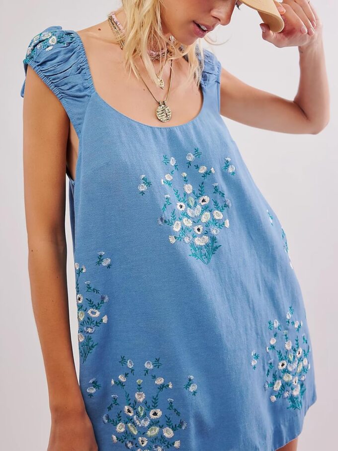Linen Mini Cute Dress Womens Floral Embroidered Dress with Crew Neck and Sleeveless Casual Guest Vintage Dresses – Bild 2