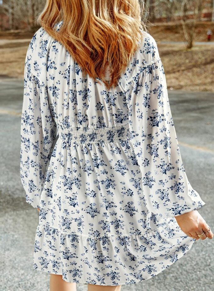 Dokotoo Womens Dresses 2025 Boho Floral V Neck Long Sleeve Smocked Elastic Waist Casual A-Line Swing Mini Dress Sundress – Bild 2