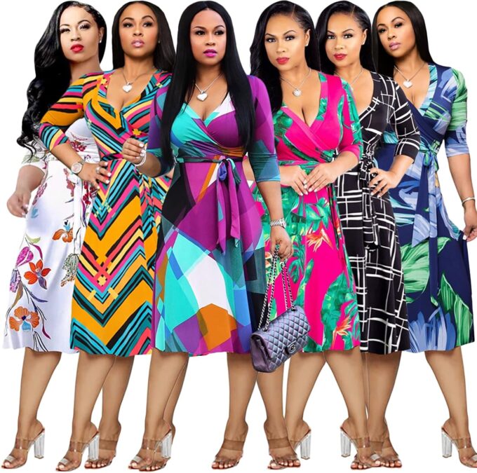 Womens Plus Size Summer Dresses Sexy V Neck Midi Dress Faux Wrap Dress 3/4 Sleeve Boho Casual Floral A-Line Skirts – Bild 6