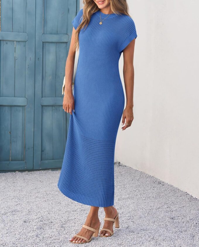 Yousify Womens Ribbed Knit Dress 2025 Trendy Casual Cap Sleeve Crewneck Maxi Dresses S-XXL – Bild 4