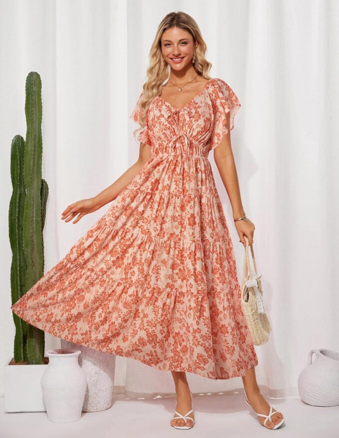 GRACE KARIN Womens 2025 Floral Summer V-Neck Ruffle Sleeve Empire Waist A-Line Casual Maxi Tiered Dress with Pockets – Bild 4