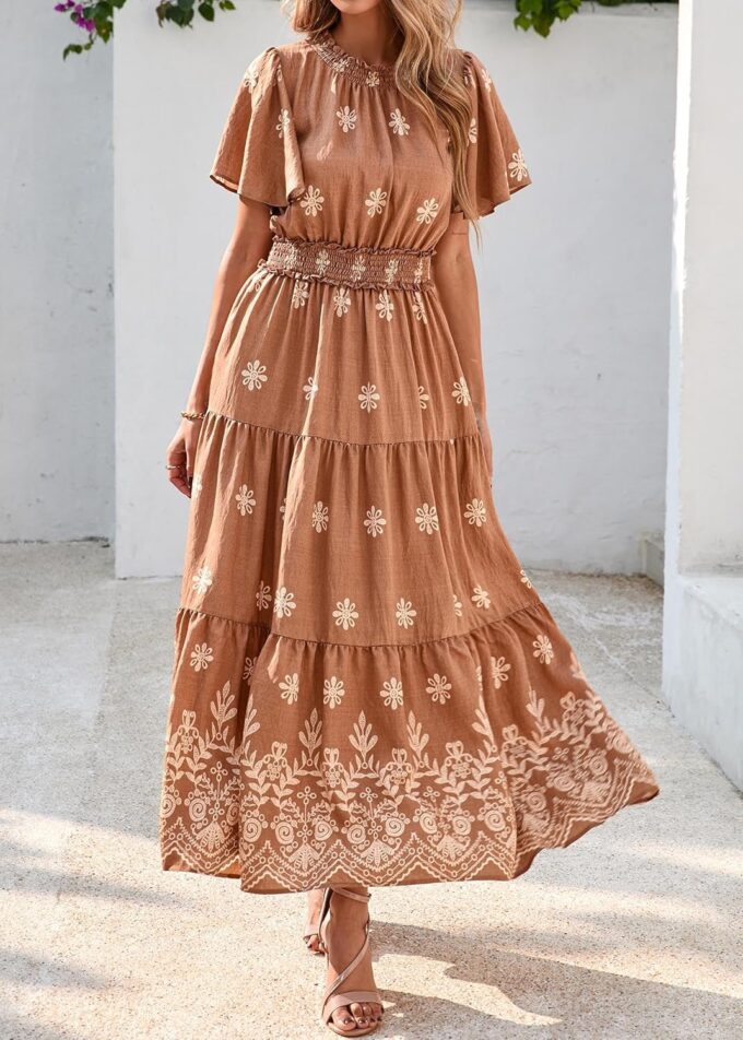 KIRUNDO Maxi Dresses for Women 2025 Floral Short Sleeve Spring Summer Smocked Waist Round Neck Flowy Beach Vacation Dress – Bild 5