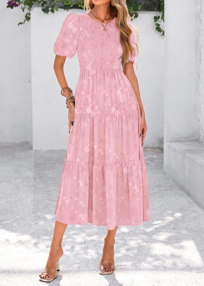 KIRUNDO Womens Summer Dresses Wedding Guest Floral Midi Sundress Short Puff Sleeve Flowy A Line Smocked Tiered Boho Dress – Bild 7