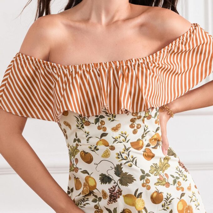 Woman Summer Floral Off Shoulder Long Dress Elastic Ruffled Short Sleeves Maxi Dresses Slim Fit Smocking Dress – Bild 2
