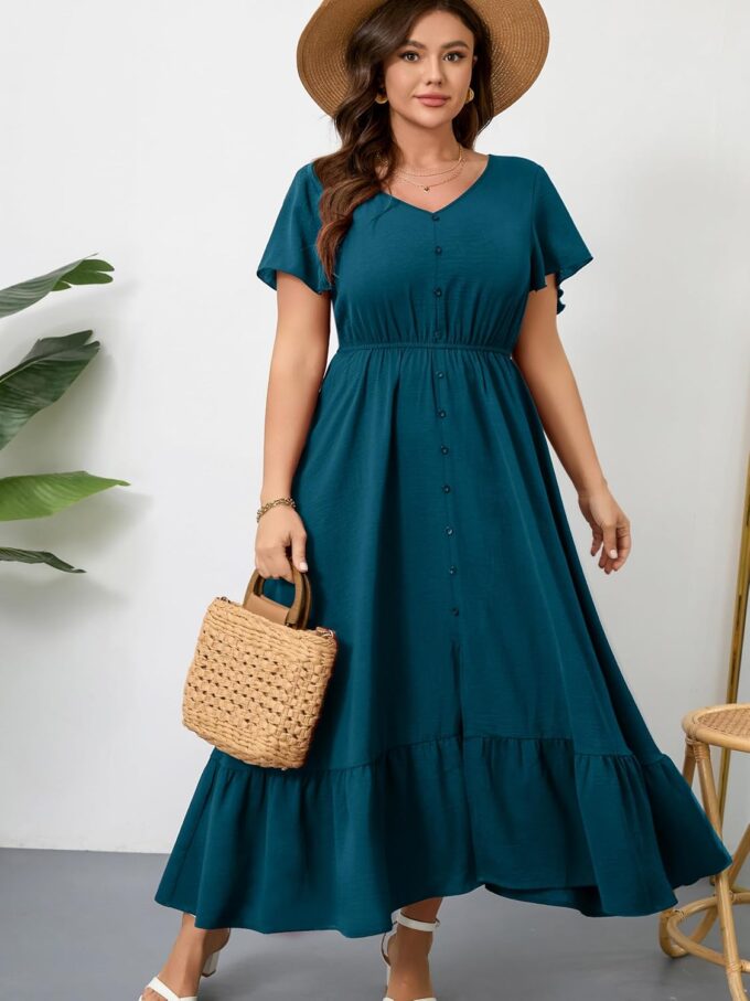 RWJ Women Plus Size Maxi Dress V Neck Short Sleeve Button Trim Split Flowy Tiered Casual Long Dresses 2025 L-3XL – Bild 4