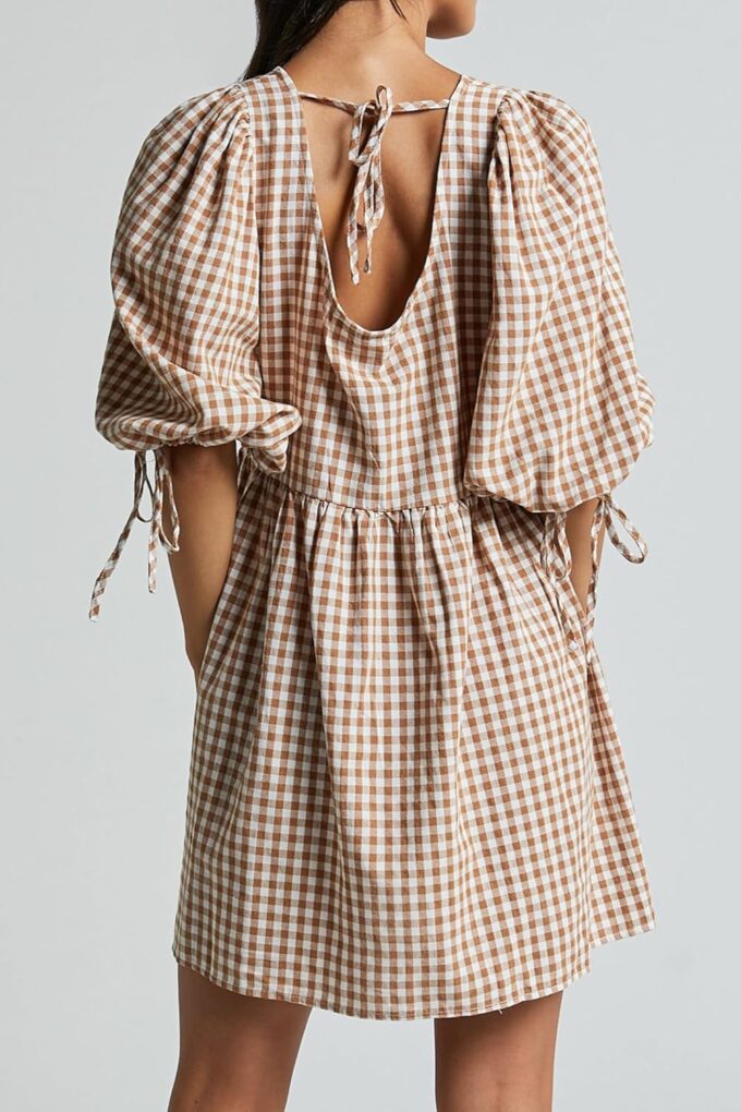 Women's Gingham Puff Sleeve Tie Front Babydoll Mini Dress – Bild 2